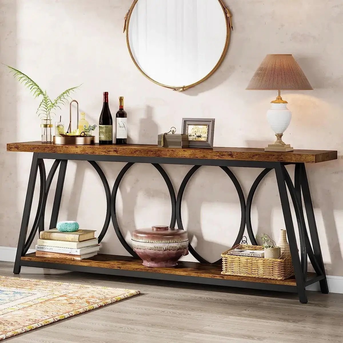 Industrial 70-in. Brown Wood Top Console Table with Heavy Duty Black Metal Frame by HomePacific