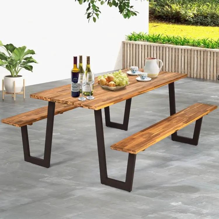 Modern Wooden Picnic Table with 2 Benches Outdoor Patio Dining Set by HomePacific
