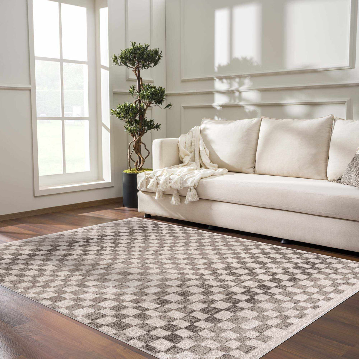 Benjy Beige Checkered Area Rug by Hauteloom