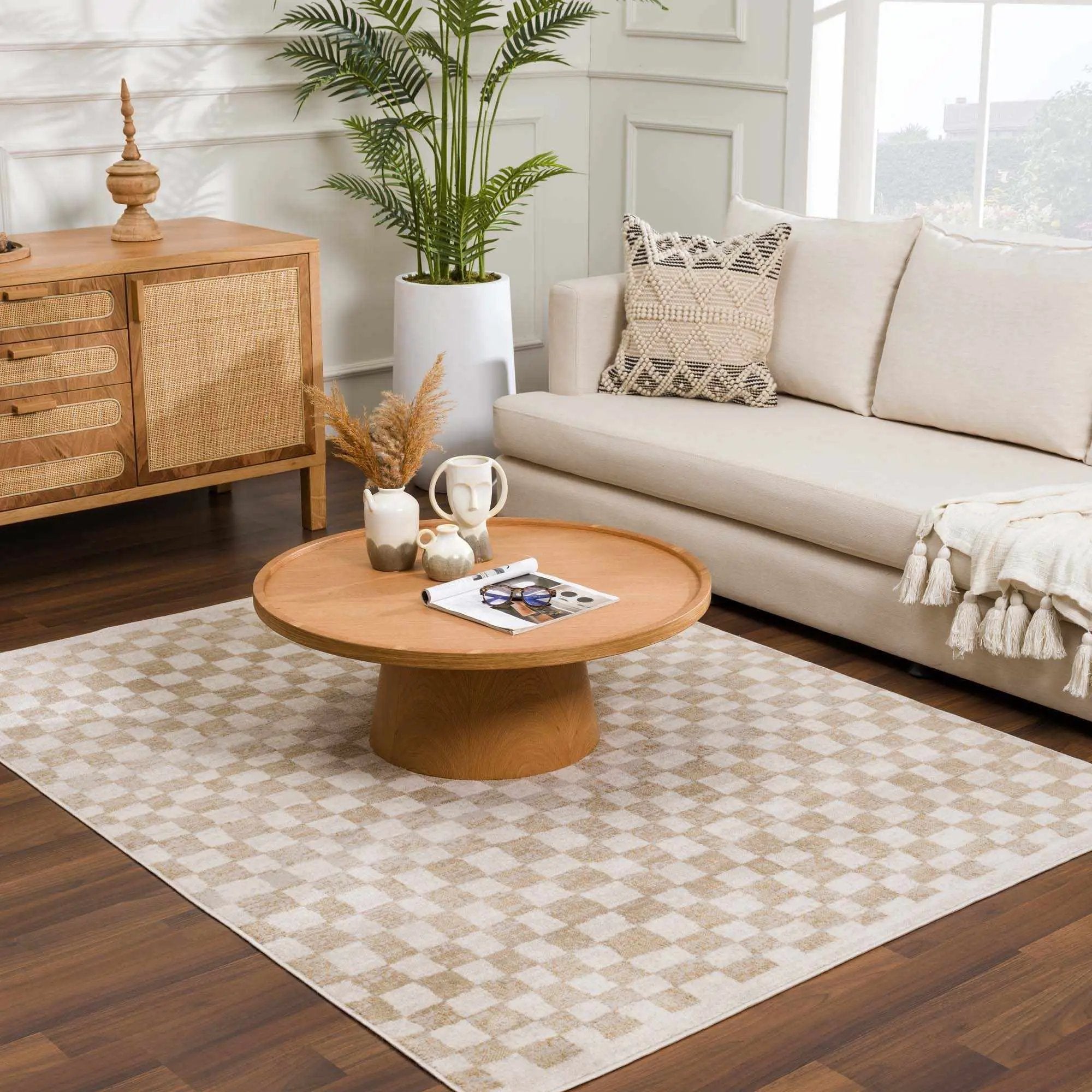 Benjy Cream & Gold Checkered Area Rug by Hauteloom