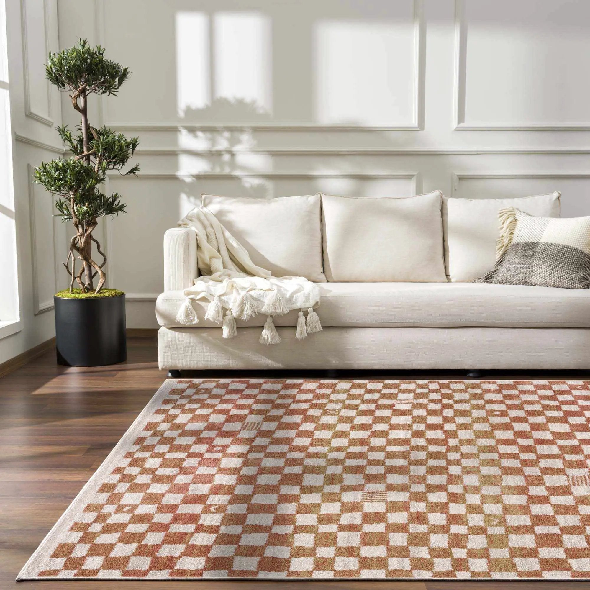 Benjy Irregular Checkboard Rug - Cream&Salmon by Boutique Rugs