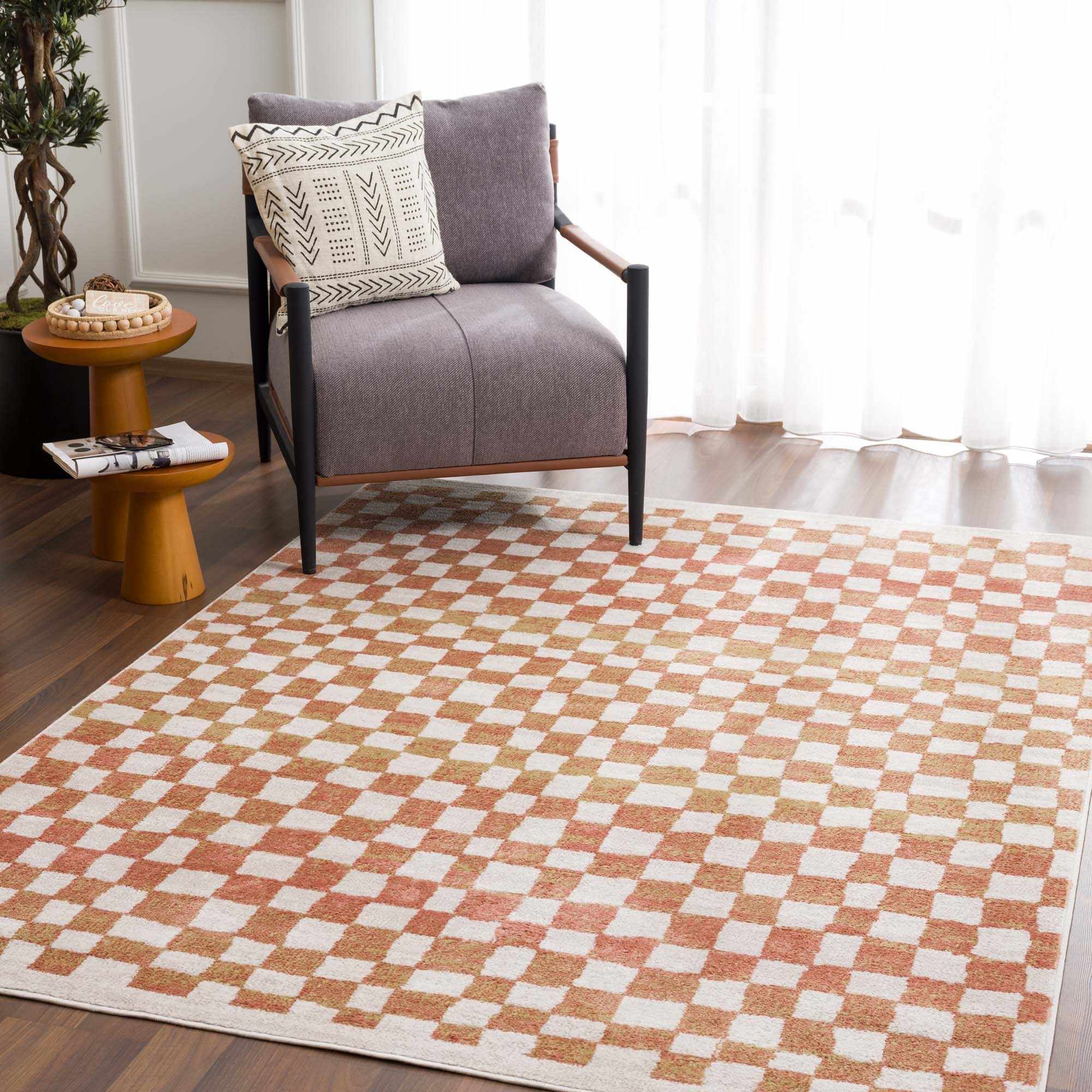 Benjy Cream & Salmon Checkered Area Rug by Hauteloom