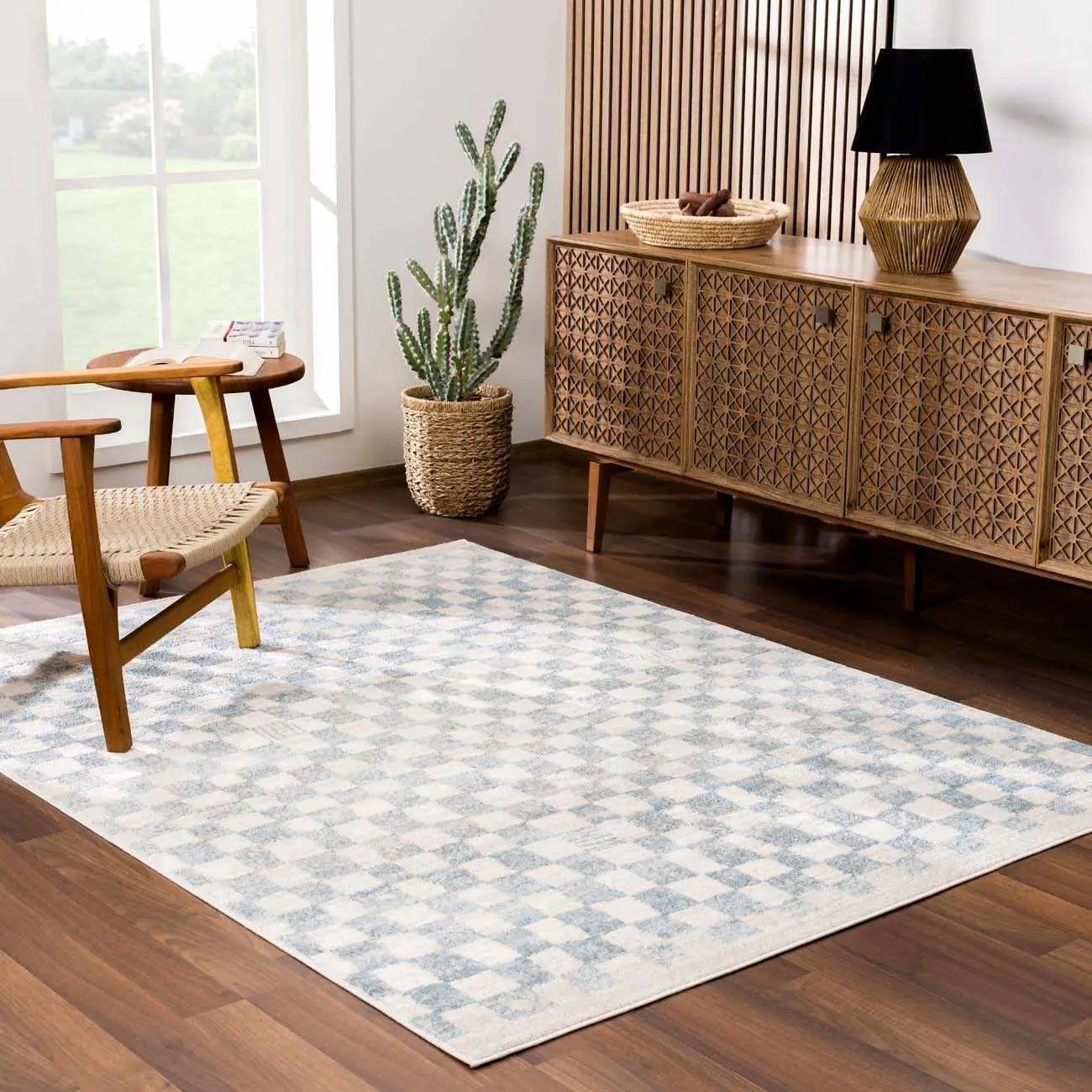 Benjy Cream & Light Blue Checkered Area Rug by Boutique Rugs