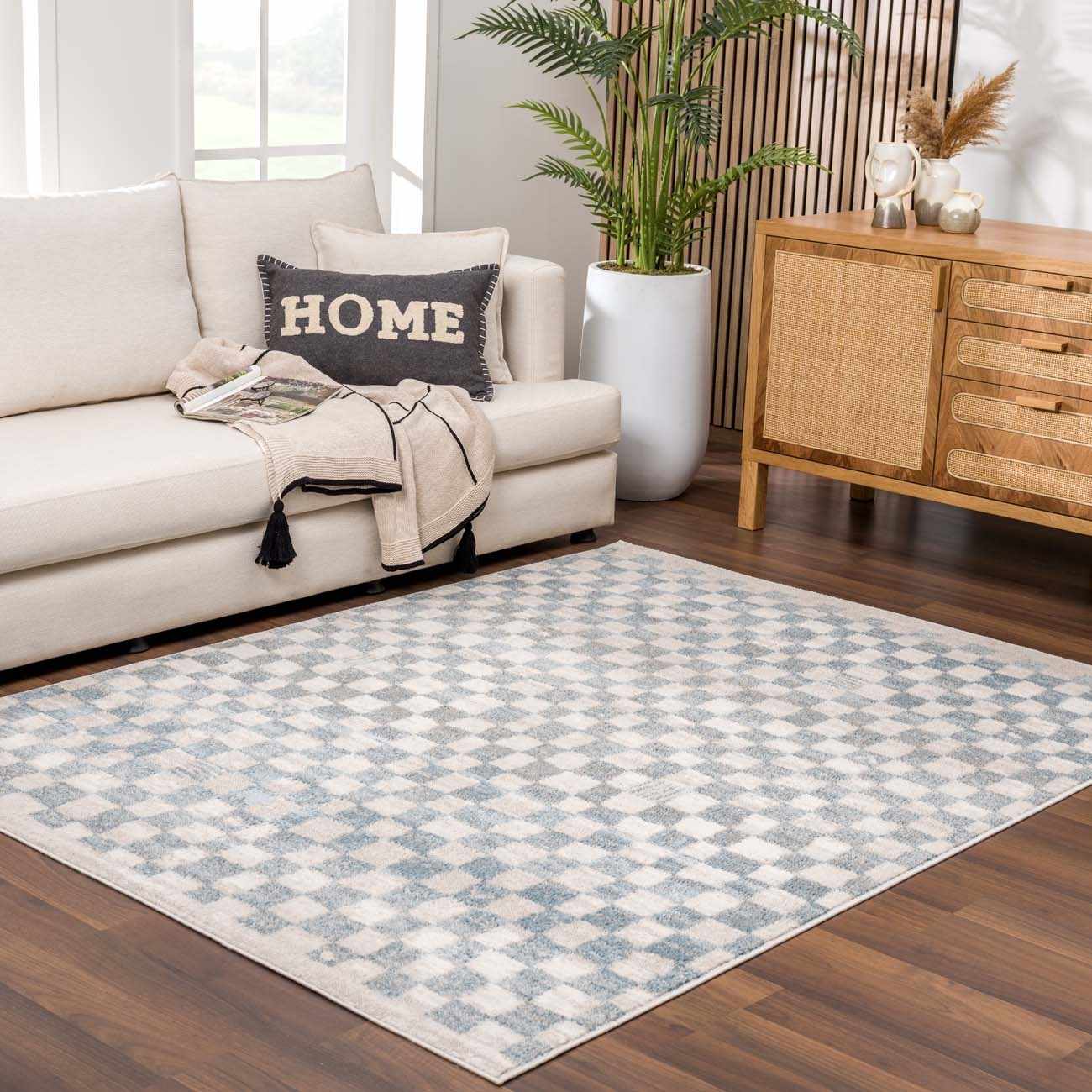 Benjy Cream & Light Blue Checkered Area Rug by Boutique Rugs
