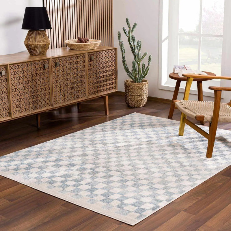 Benjy Cream & Light Blue Checkered Area Rug by Hauteloom