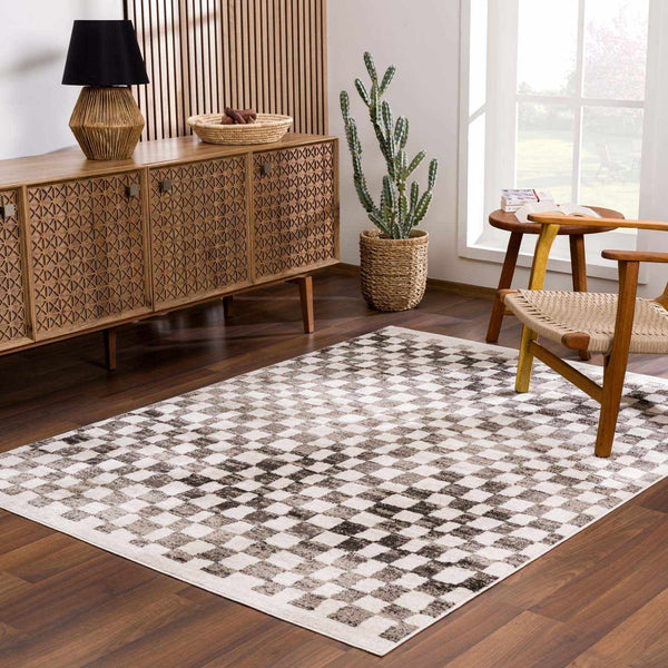 Benjy Cream & Charcoal Checkered Area Rug, installed in a room 2