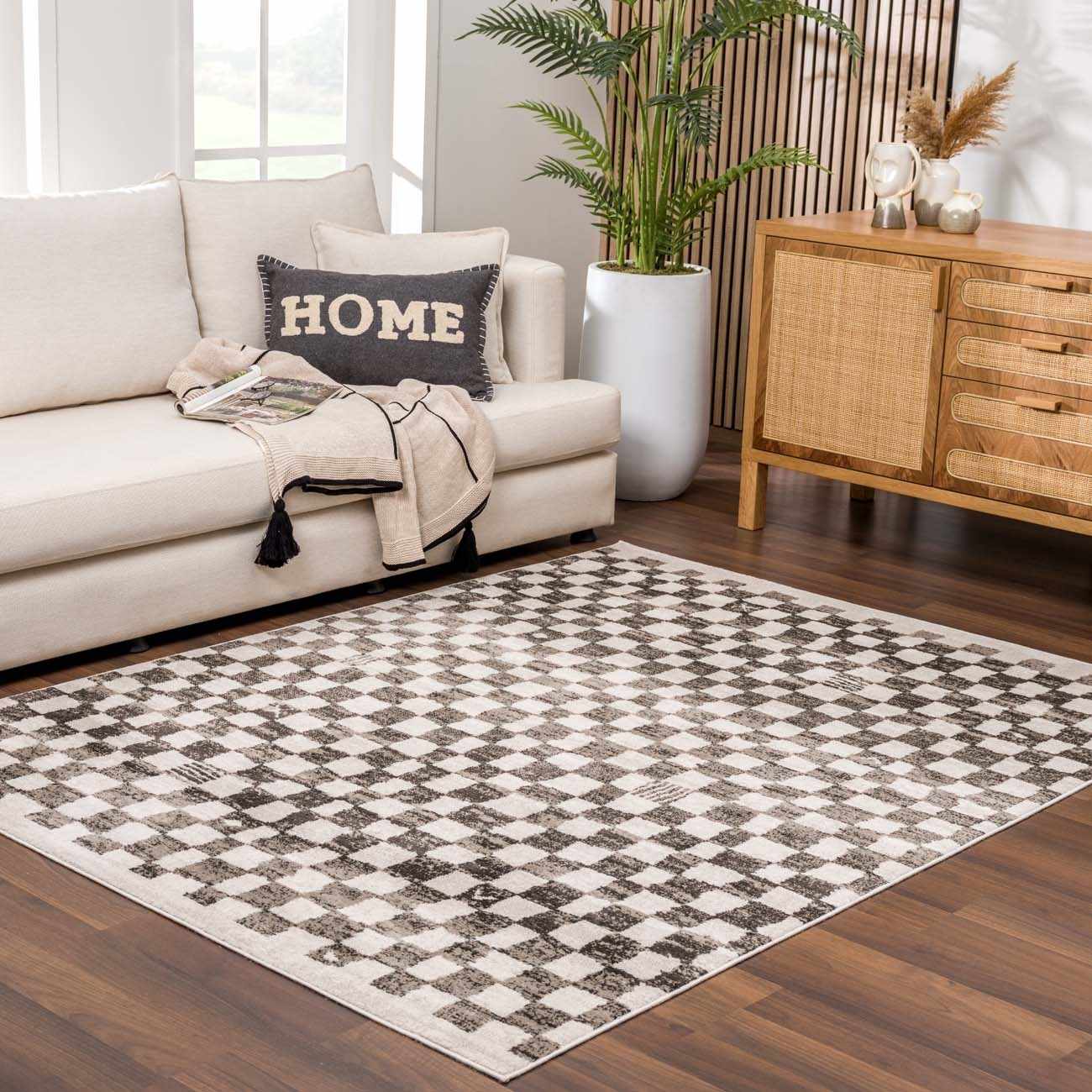 Benjy Cream & Charcoal Checkered Area Rug by Boutique Rugs