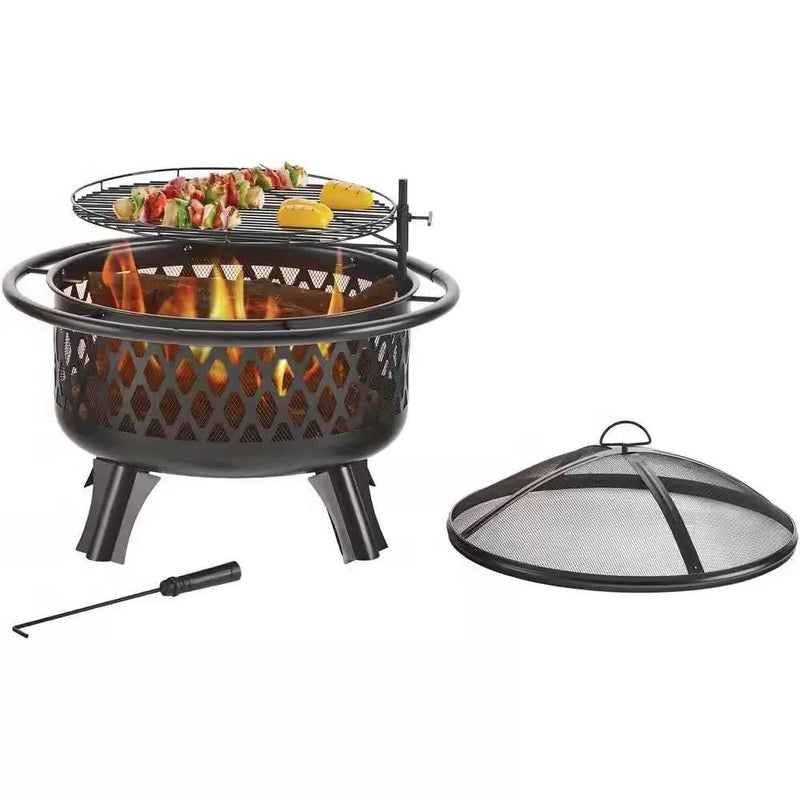 30-inch Black Steel Outdoor Fire Pit Grill with Screen and Poker by HomePacific