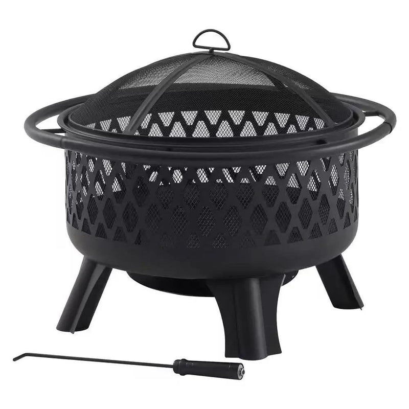 30-inch Black Steel Outdoor Fire Pit Grill with Screen and Poker by HomePacific