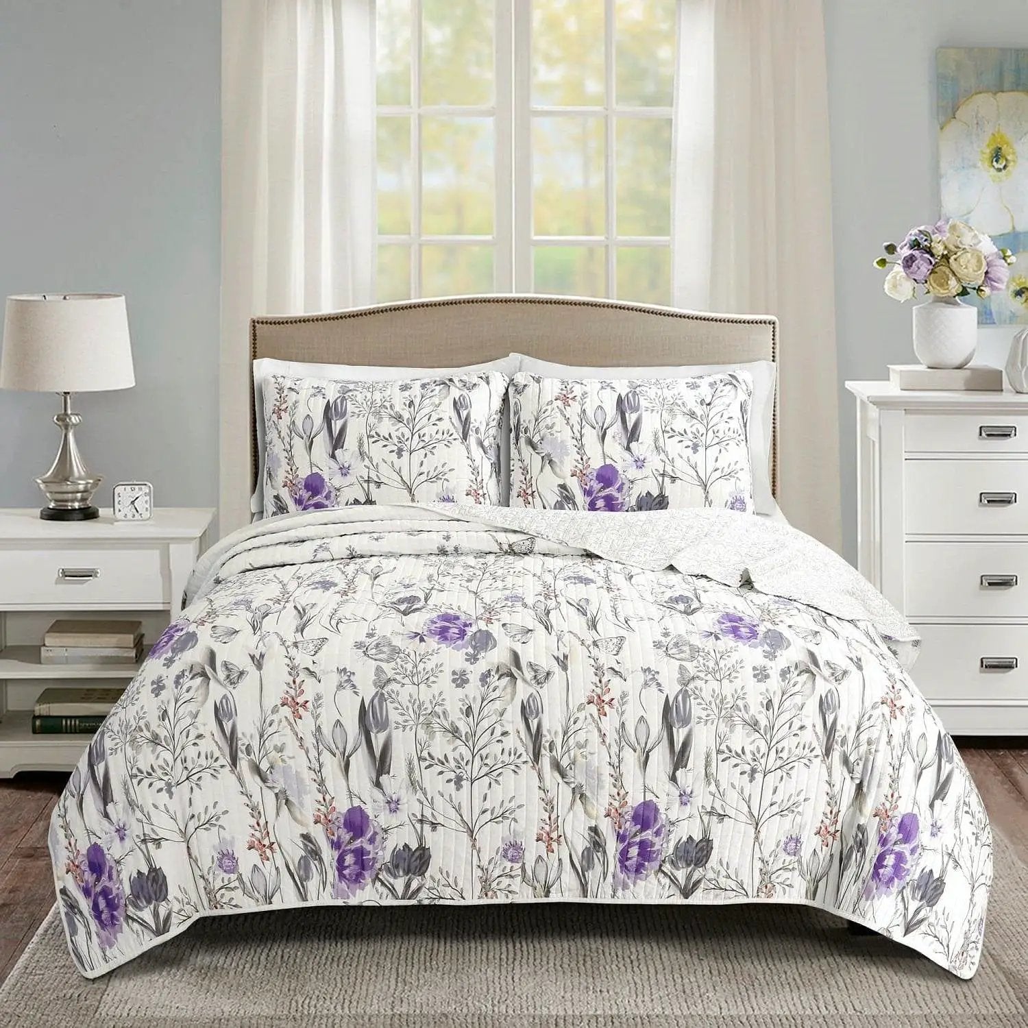 Full/Queen Size Lightweight Purple Grey White Floral Quilt Set by HomePacific