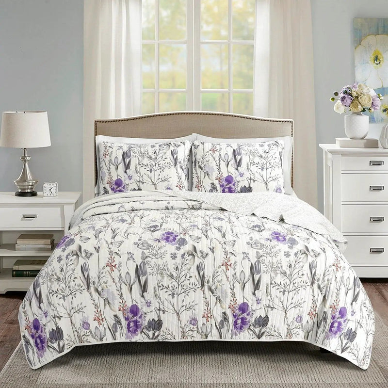 Full/Queen Size Lightweight Purple Grey White Floral Quilt Set by HomePacific