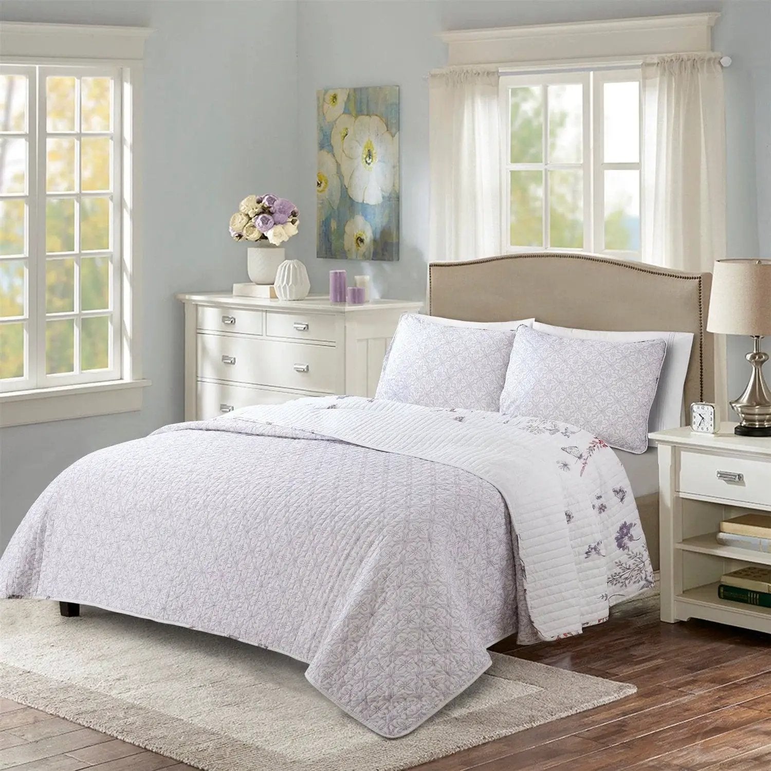Full/Queen Size Lightweight Purple Grey White Floral Quilt Set by HomePacific