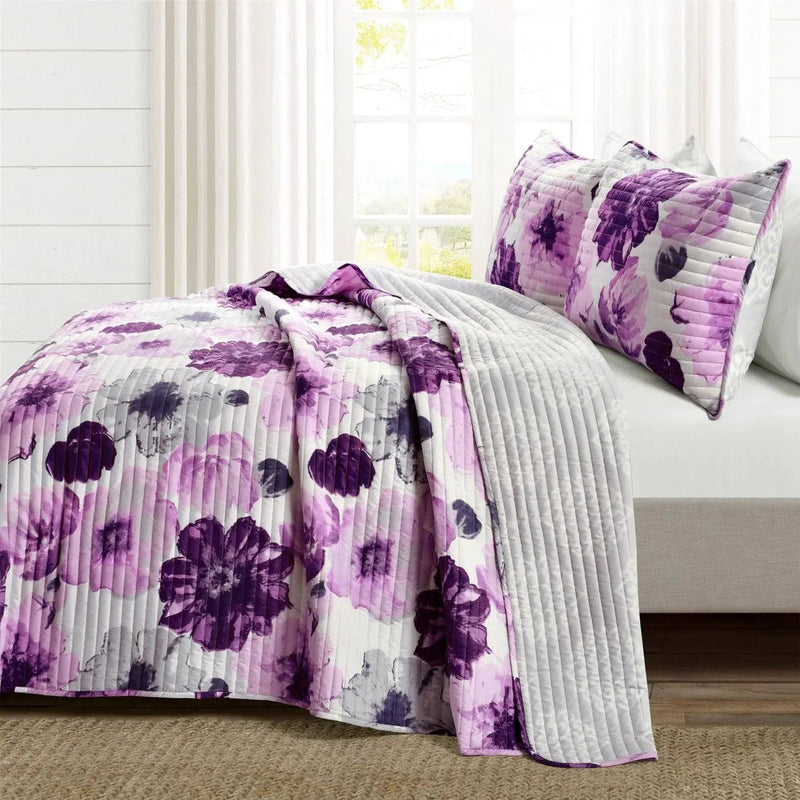 Full/Queen Purple Grey Flowers Lightweight Polyester Microfiber Quilt Set by HomePacific