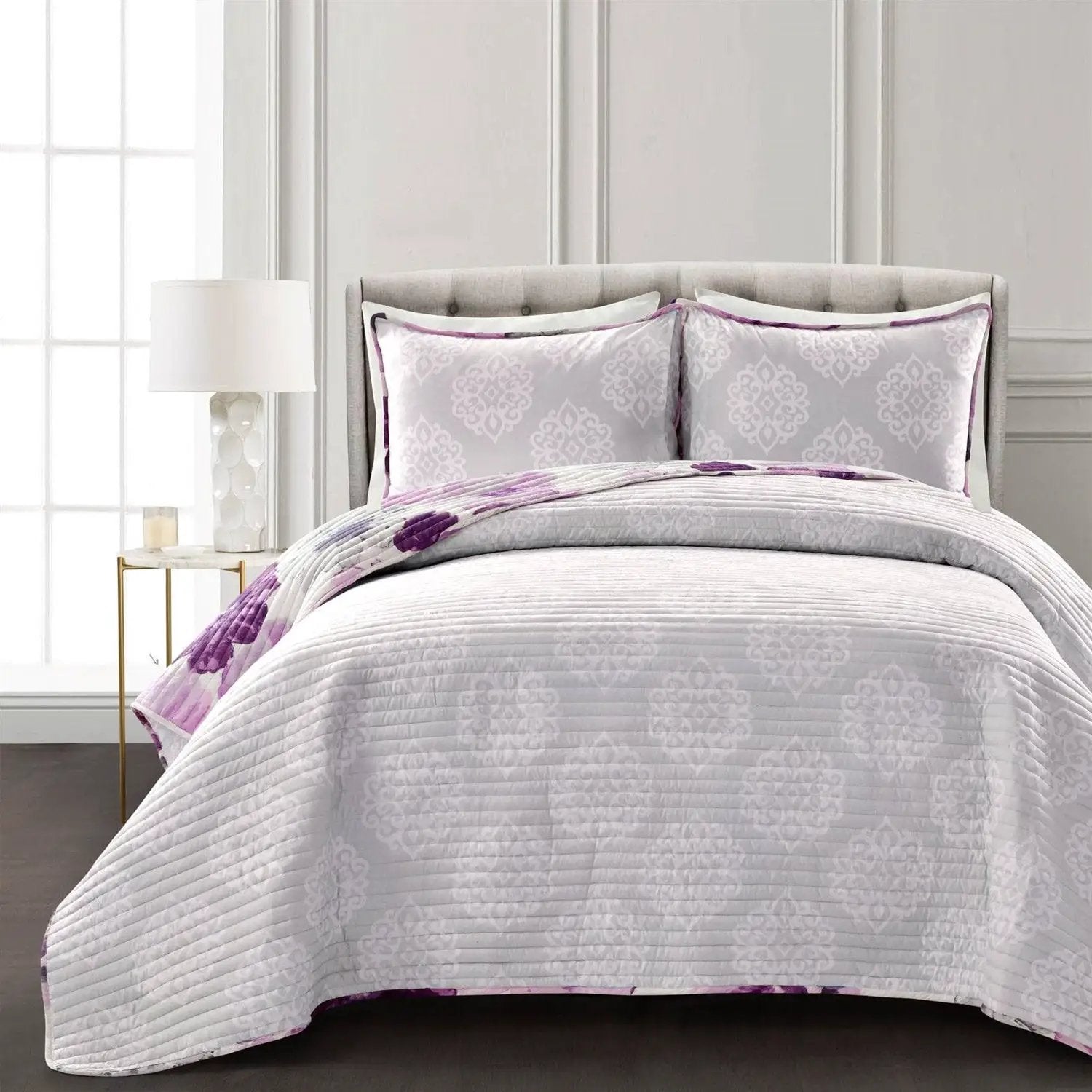 Full/Queen Purple Grey Flowers Lightweight Polyester Microfiber Quilt Set by HomePacific