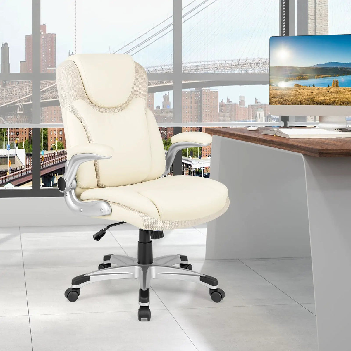 Ergonomic Office PU Leather Executive Chair with Flip-up Armrests and Rocking Function by DirectDeals