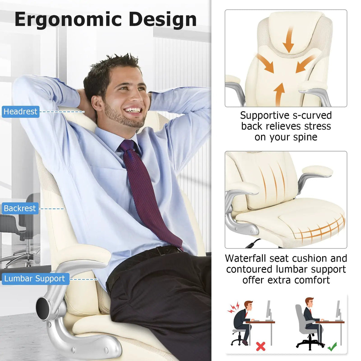 Ergonomic Office PU Leather Executive Chair with Flip-up Armrests and Rocking Function by DirectDeals