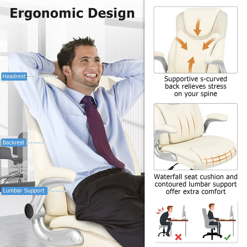Ergonomic Office PU Leather Executive Chair with Flip-up Armrests and Rocking Function by DirectDeals