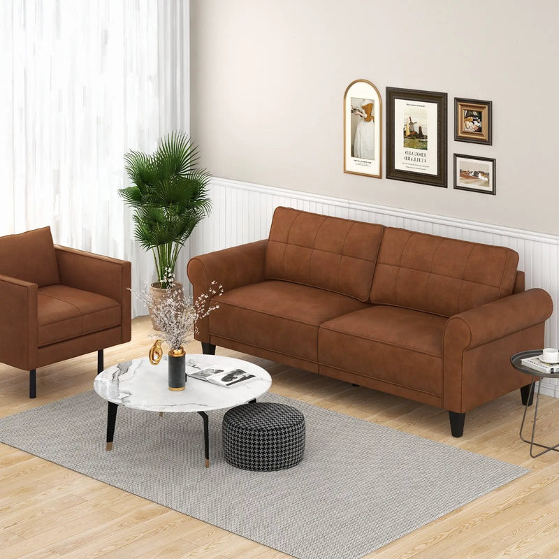 PU Leather Modern 3-Seater Sofa Couch with 2 Detachable Back Pillows-Brown by DirectDeals