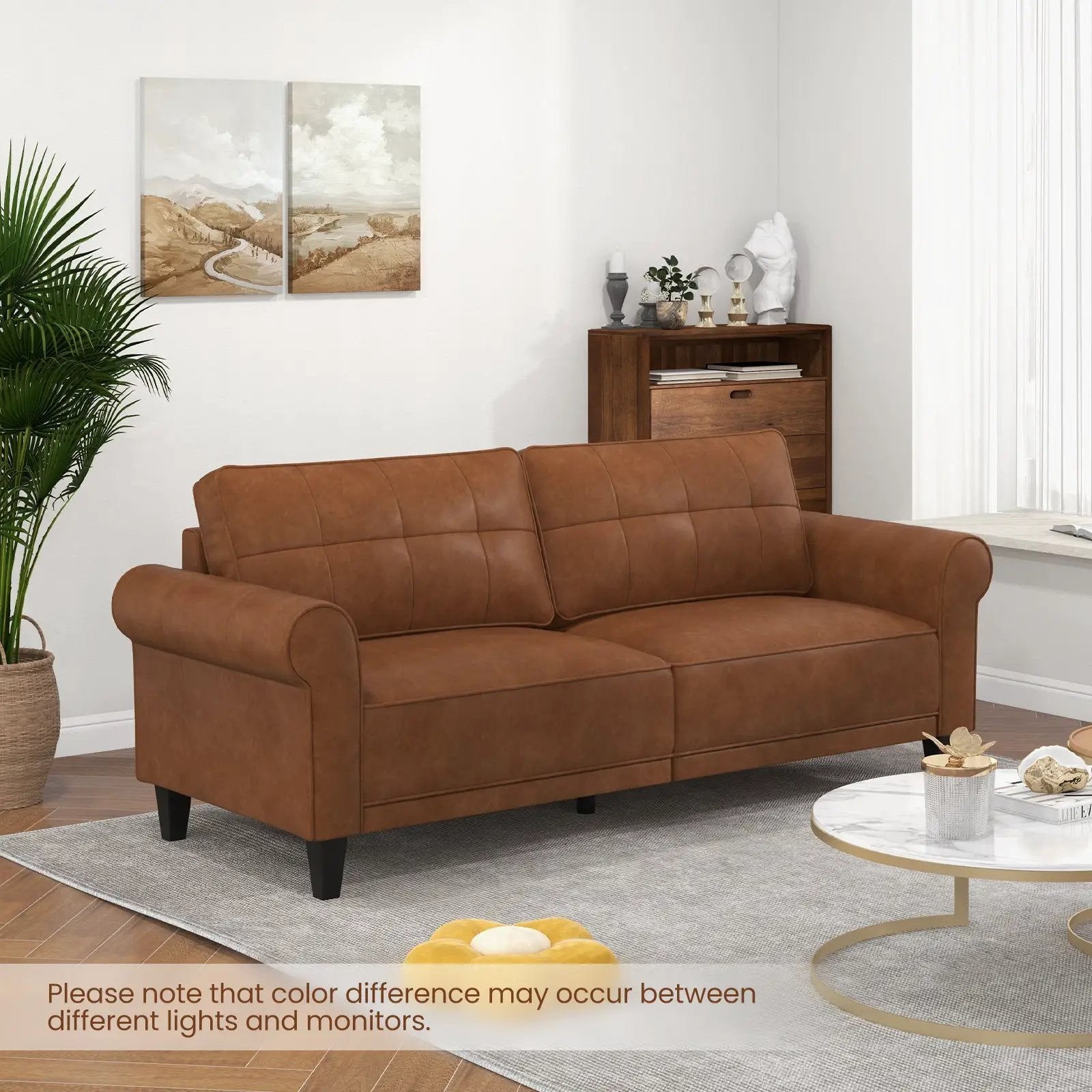 PU Leather Modern 3-Seater Sofa Couch with 2 Detachable Back Pillows-Brown by DirectDeals