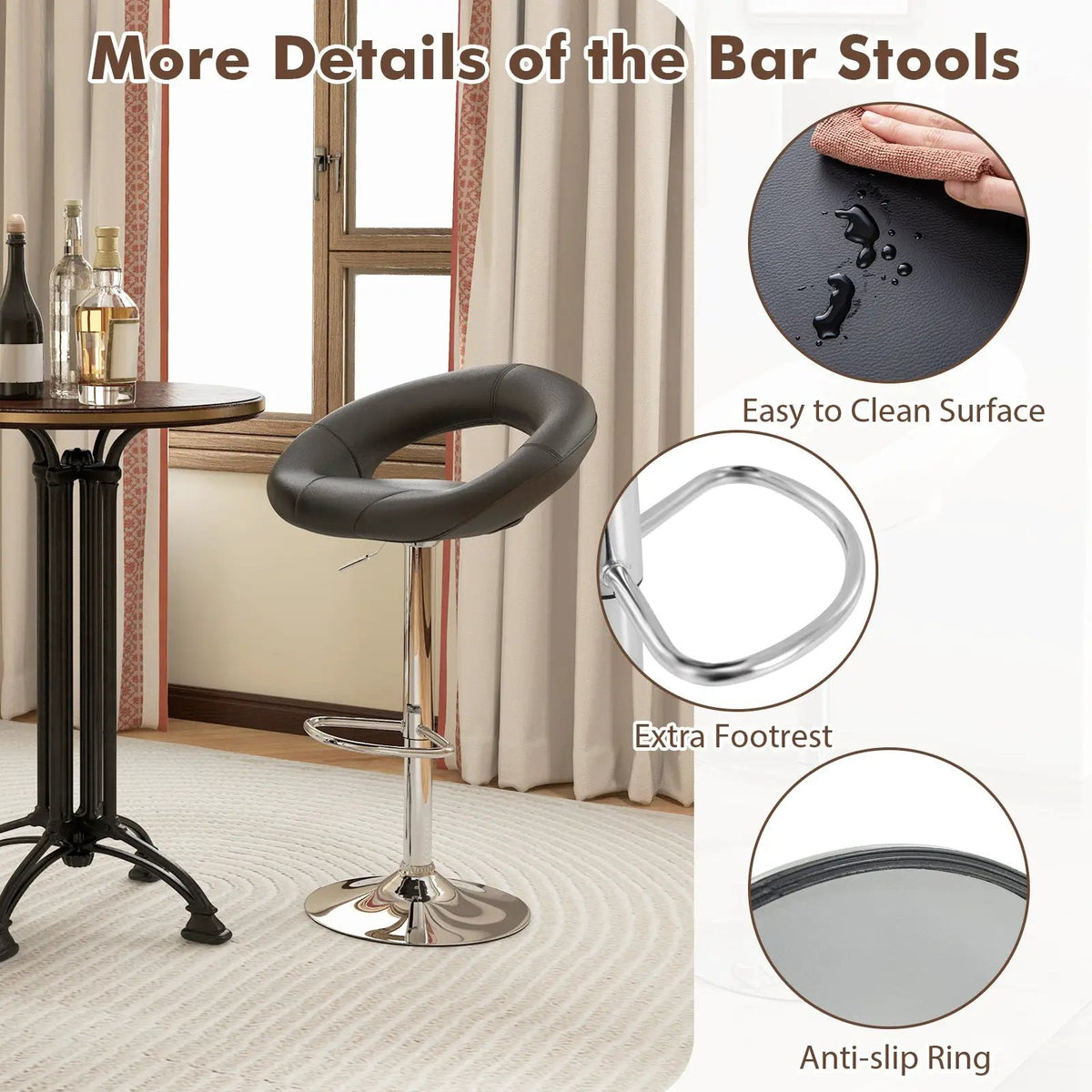 Height Adjustable Bar Stools Set of 2 with Hollow Back and Footrest by DirectDeals