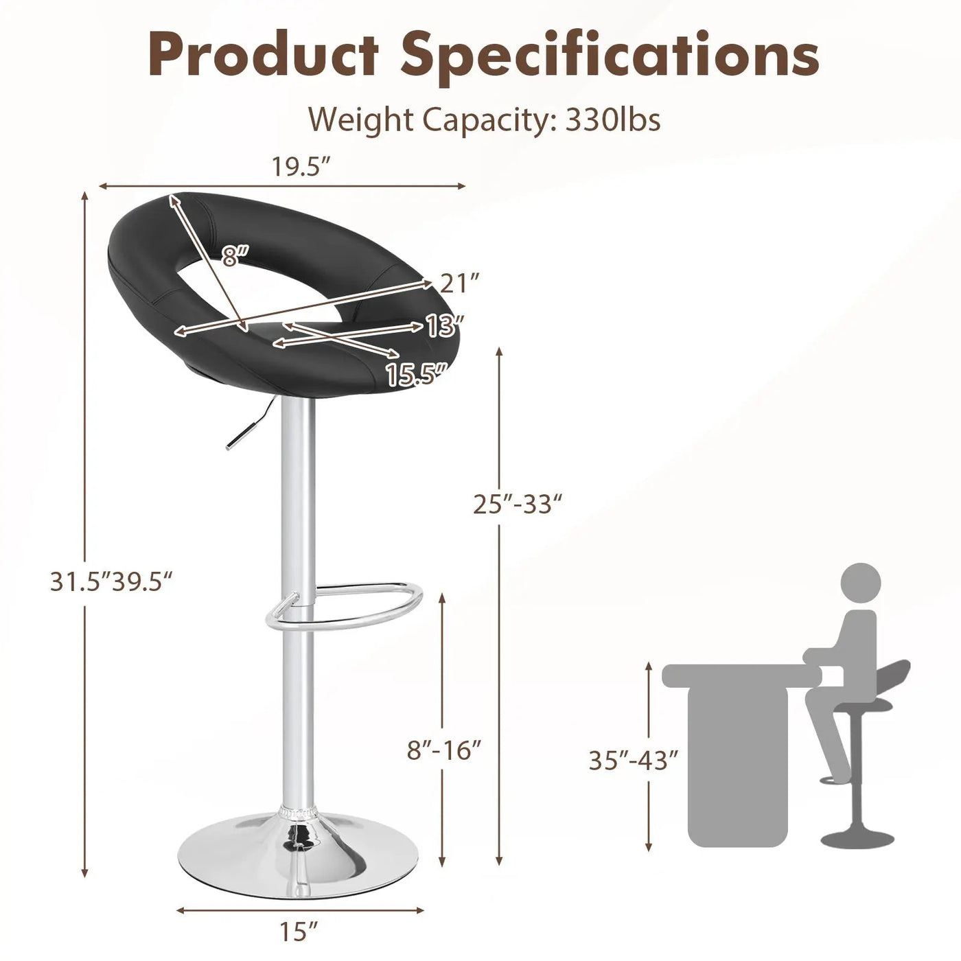 Height Adjustable Bar Stools Set of 2 with Hollow Back and Footrest by DirectDeals