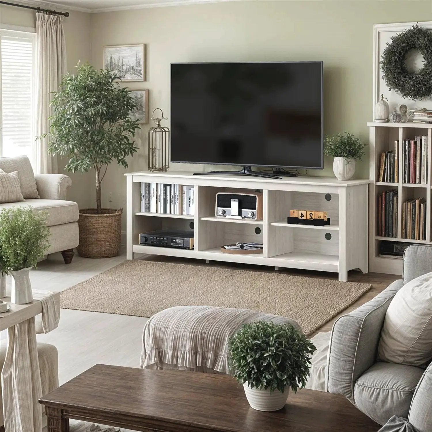 Farmhouse TV Stand in White Wood Grain Finish - for TVs up to 70-inch by HomePacific