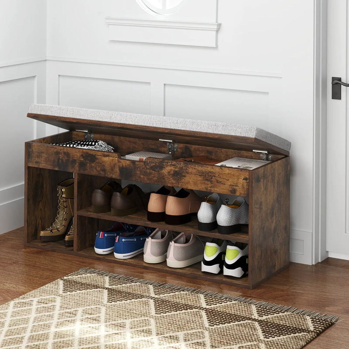 Padded Seat Shoe Bench with Hidden Storage and 3 Open Shelves by DirectDeals