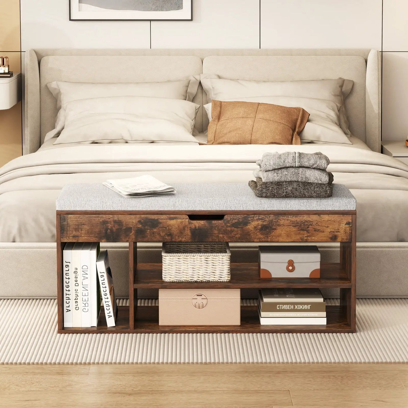 Padded Seat Shoe Bench with Hidden Storage and 3 Open Shelves by DirectDeals