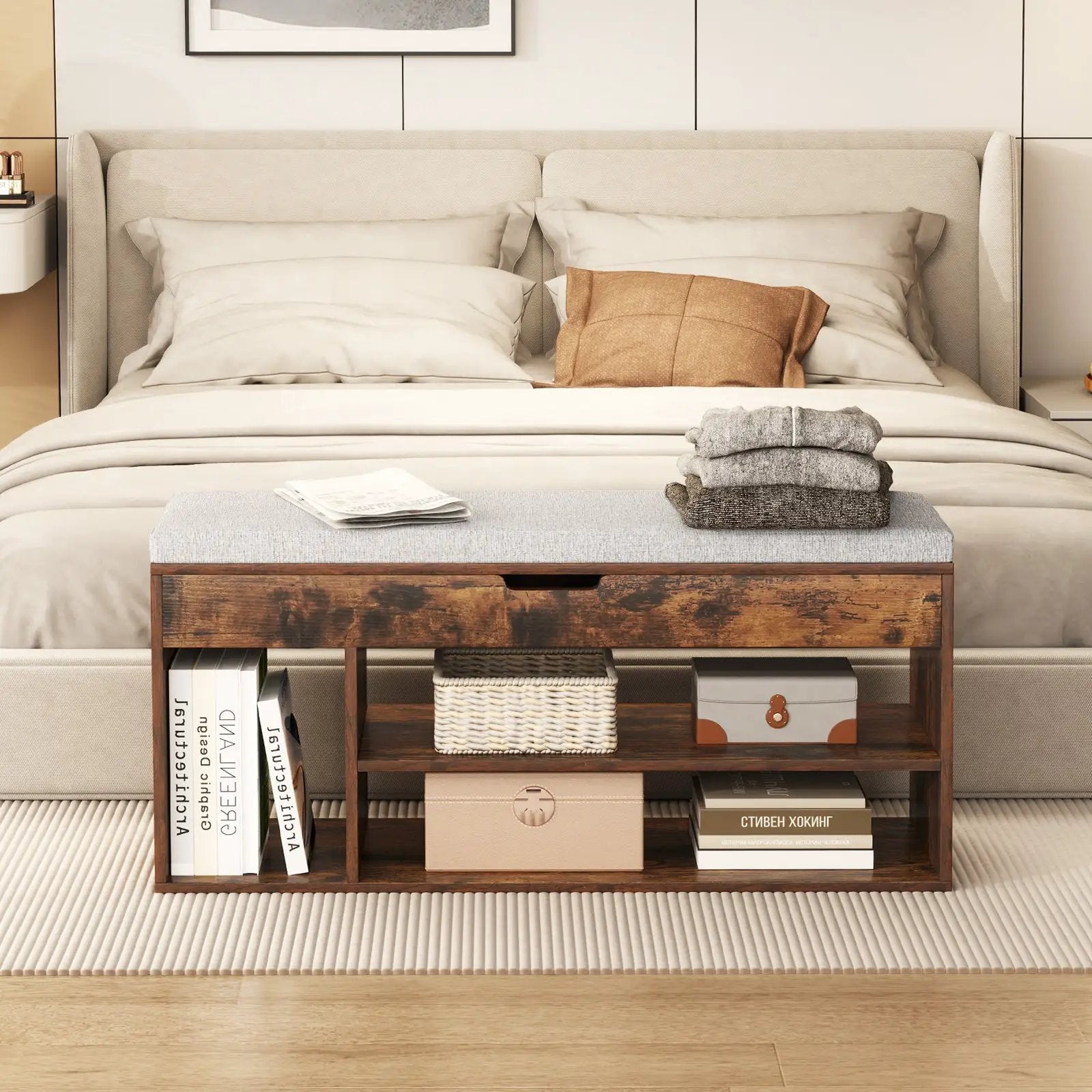 Padded Seat Shoe Bench with Hidden Storage and 3 Open Shelves by DirectDeals