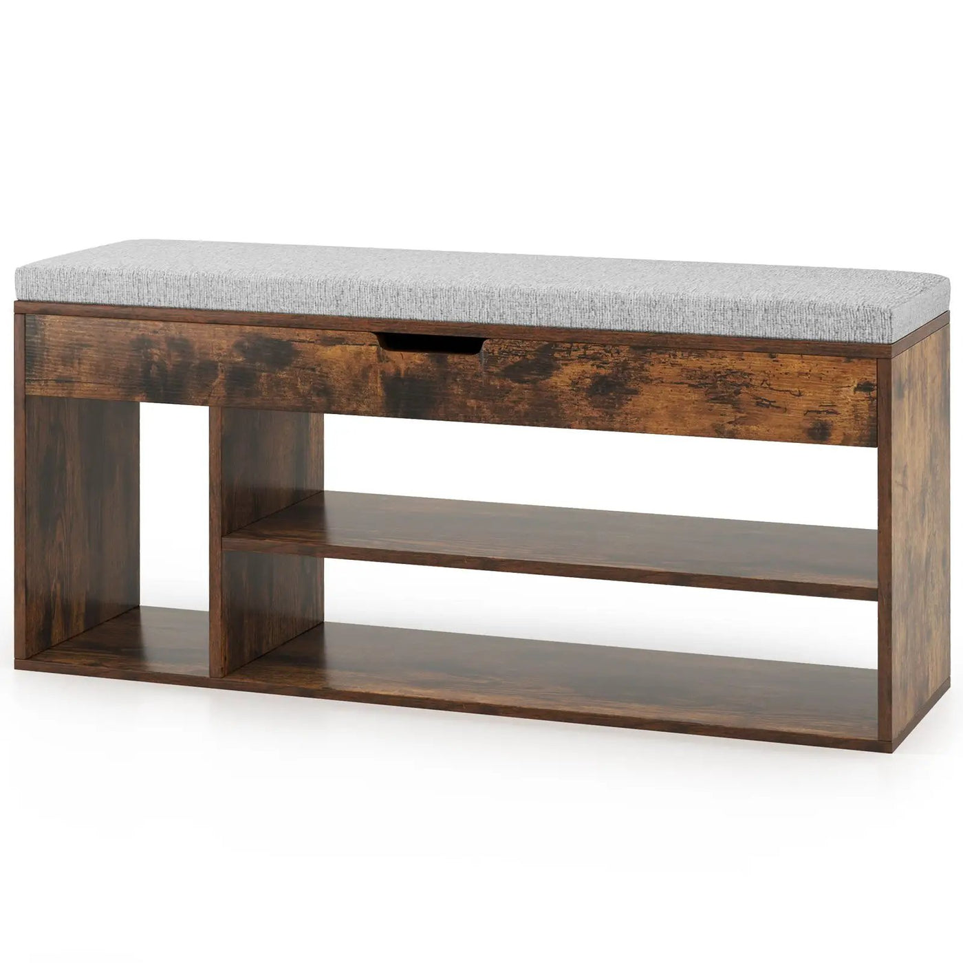 Padded Seat Shoe Bench with Hidden Storage and 3 Open Shelves by DirectDeals