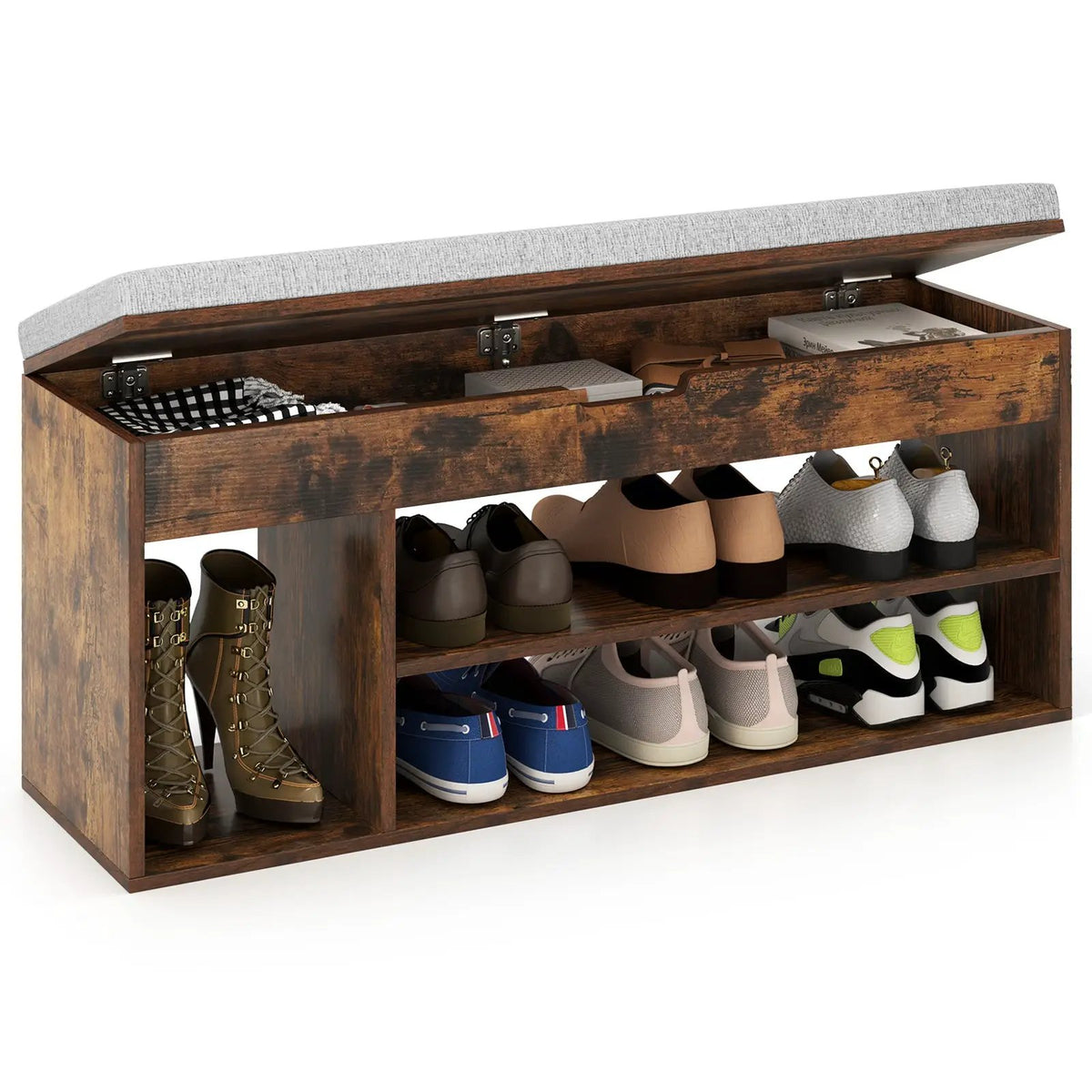 Padded Seat Shoe Bench with Hidden Storage and 3 Open Shelves by DirectDeals