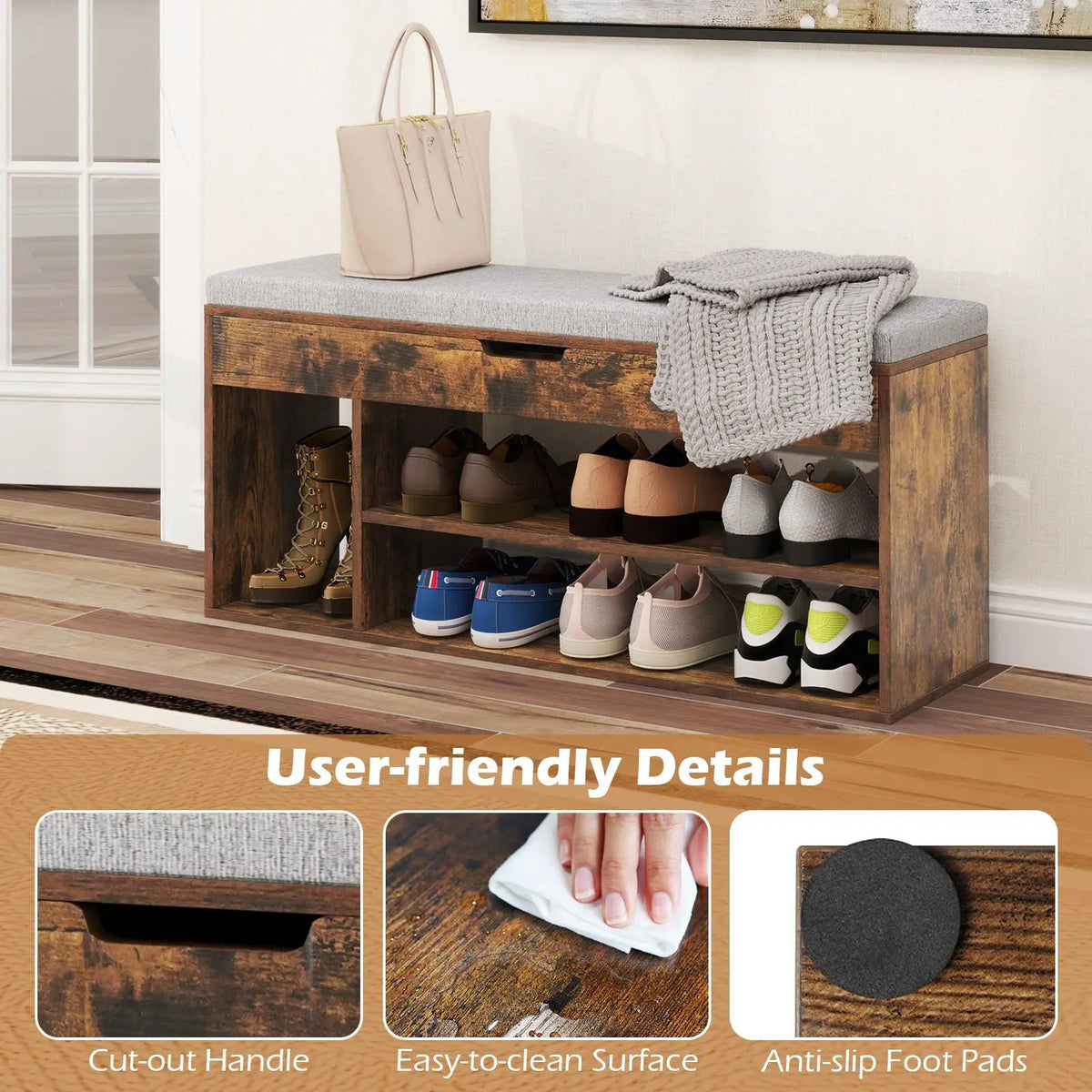 Padded Seat Shoe Bench with Hidden Storage and 3 Open Shelves by DirectDeals
