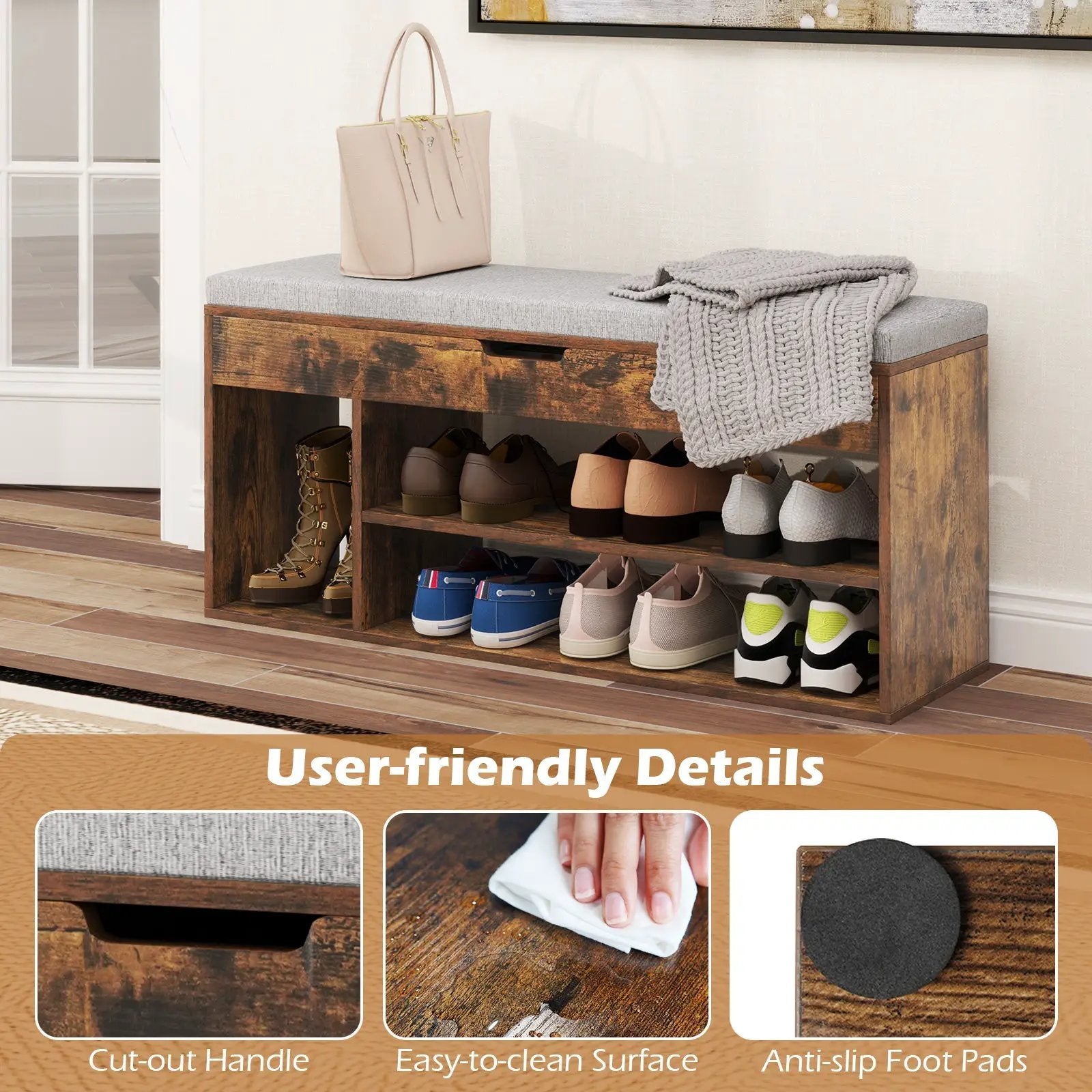 Padded Seat Shoe Bench with Hidden Storage and 3 Open Shelves by DirectDeals