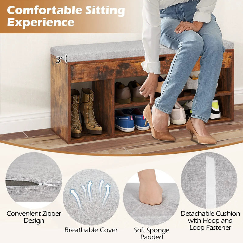 Padded Seat Shoe Bench with Hidden Storage and 3 Open Shelves by DirectDeals