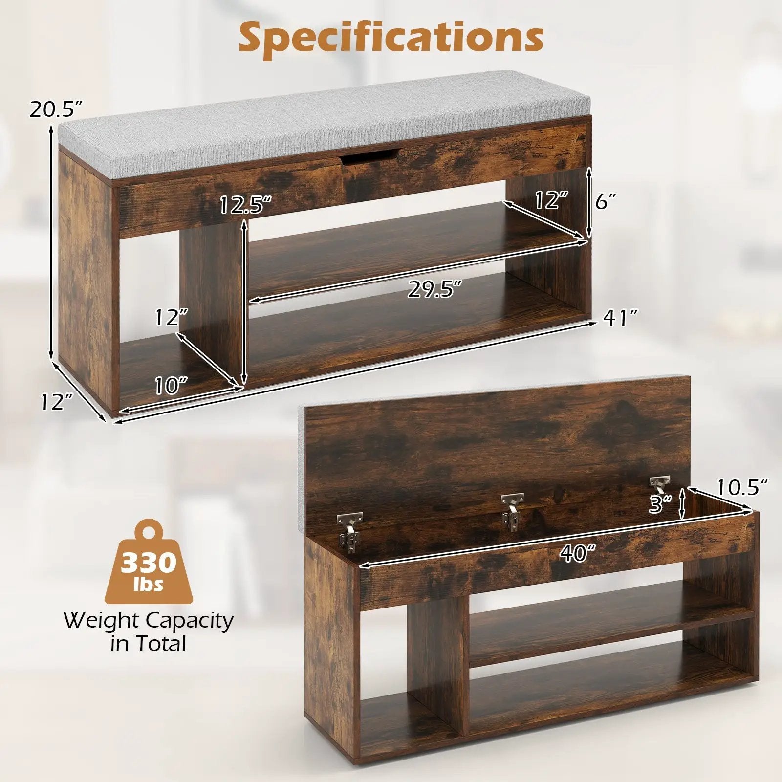 Padded Seat Shoe Bench with Hidden Storage and 3 Open Shelves by DirectDeals