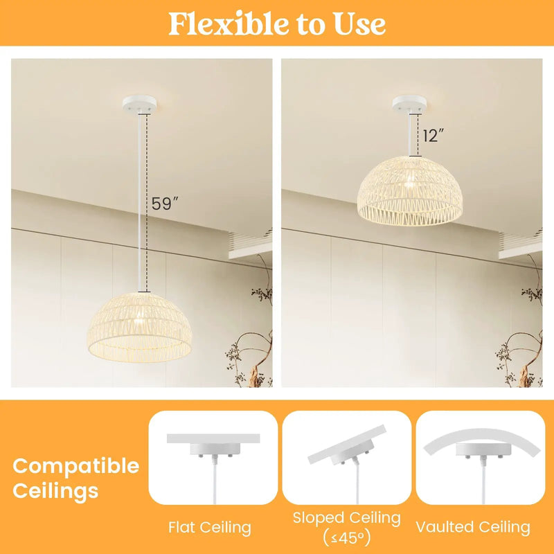 Farmhouse Rattan Pendant Lights with Adjustable Hanging Rope-Beige by DirectDeals