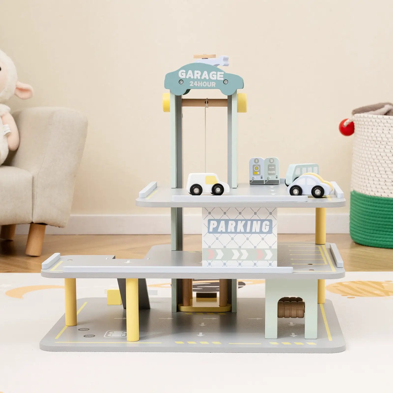 Parking Garage Playset with 4 Cars and Helicopter-Gray by DirectDeals