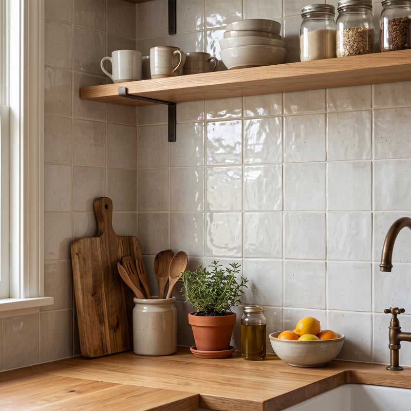 A styled kitchen corner with glossy off-white ceramic tiles, a light wood countertop and floating shelf, wooden cutting boards and utensils, a small potted green plant, and a bowl of oranges.
