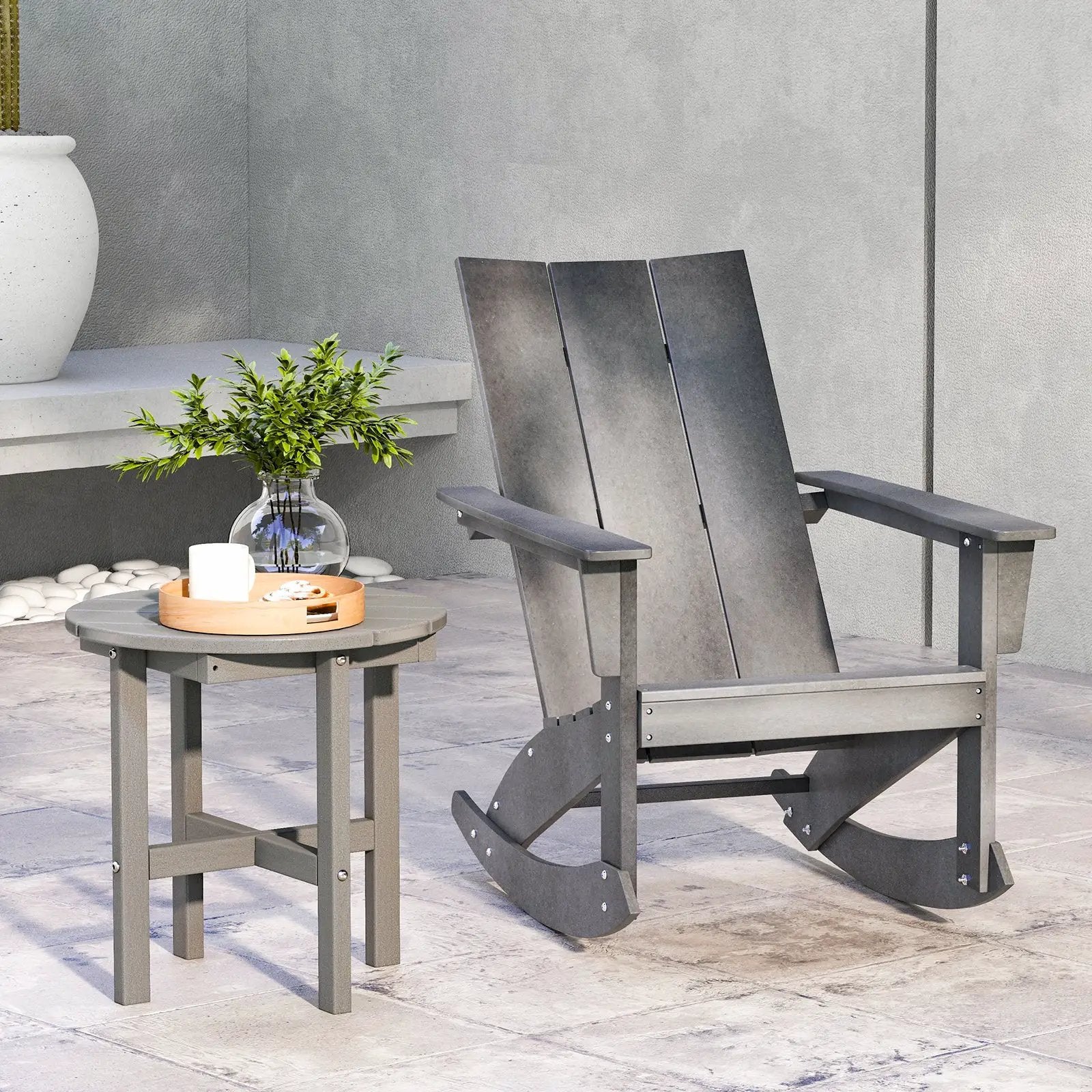 18 Inch Adirondack Round Side Table with Cross Base and Slatted Surface-Gray by DirectDeals