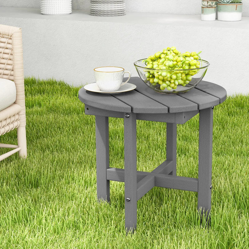 18 Inch Adirondack Round Side Table with Cross Base and Slatted Surface-Gray by DirectDeals