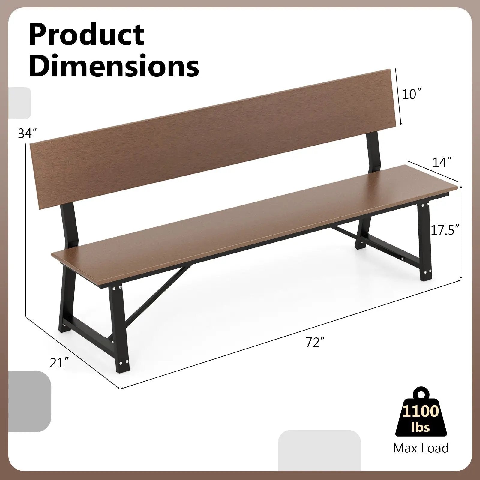 72-Inch Outdoor Bench with HDPE Seat & Back, 1100 lbs Capacity by DirectDeals