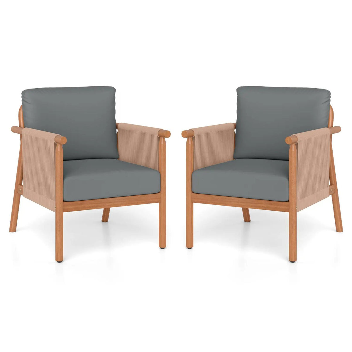Patio Acacia Wood Chair Set of 2 with Woven Rope Armrests and Seat Back Cushions for Backyard by DirectDeals