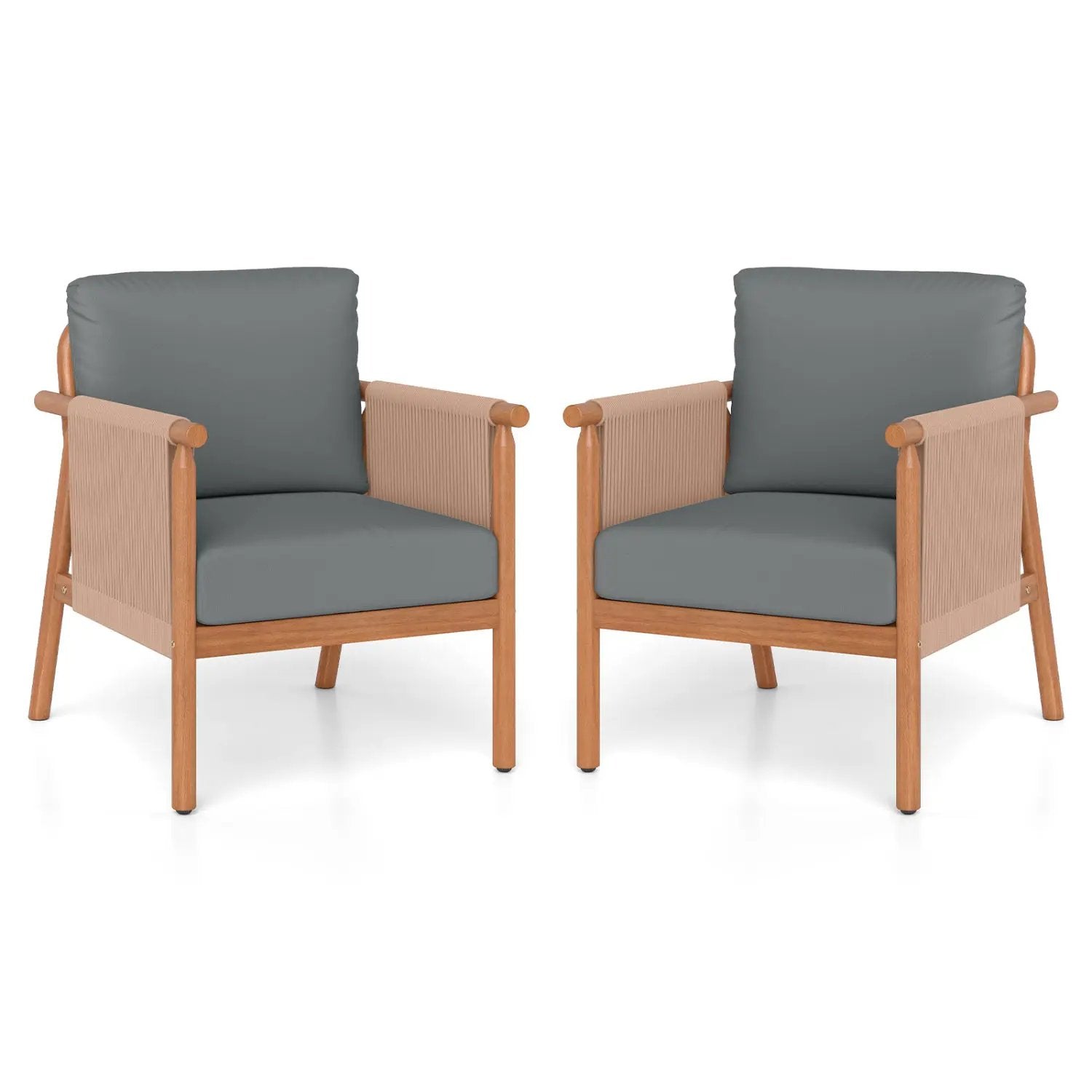 Patio Acacia Wood Chair Set of 2 with Woven Rope Armrests and Seat Back Cushions for Backyard by DirectDeals