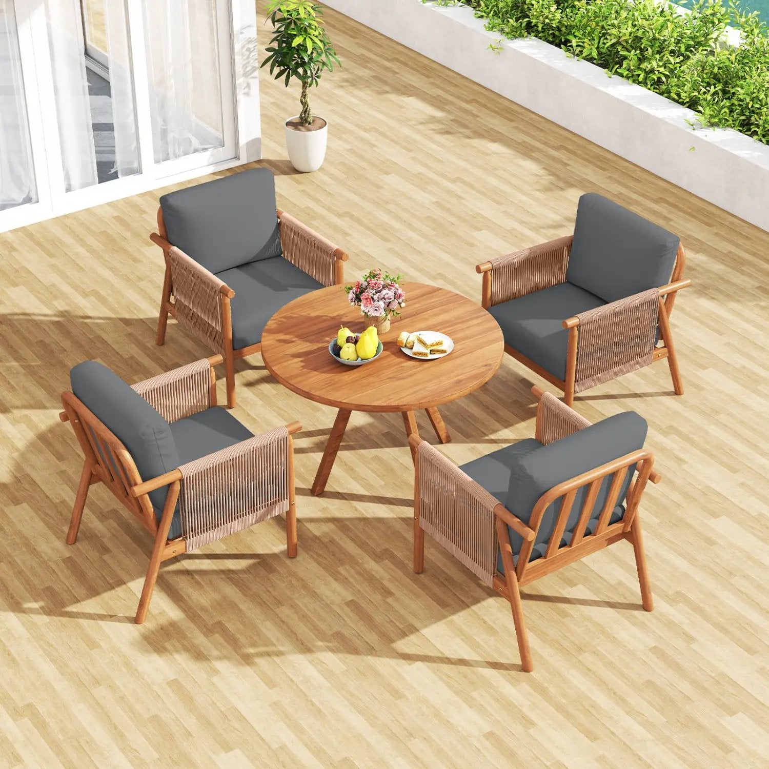 Patio Acacia Wood Chair Set of 2 with Woven Rope Armrests and Seat Back Cushions for Backyard by DirectDeals