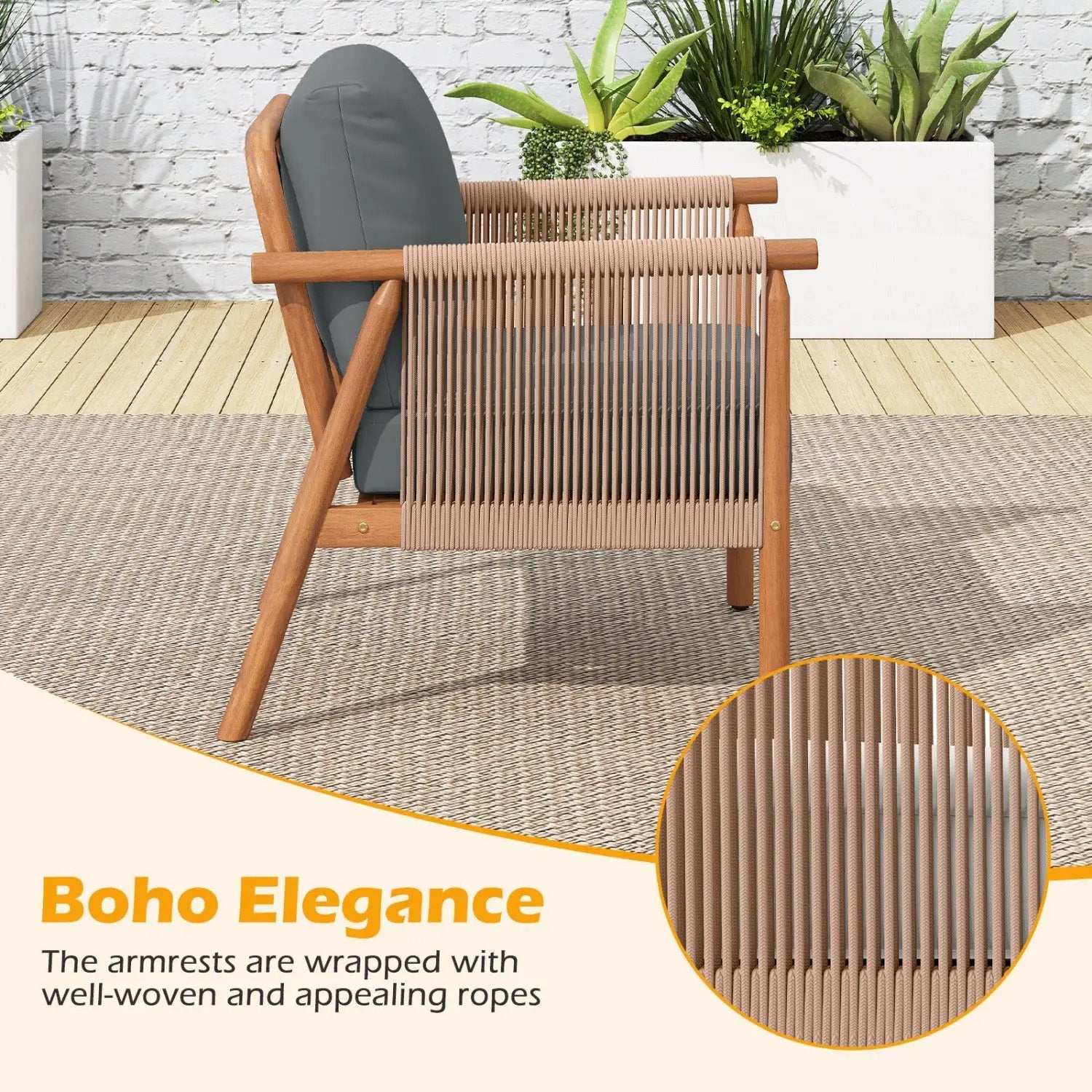 Patio Acacia Wood Chair Set of 2 with Woven Rope Armrests and Seat Back Cushions for Backyard by DirectDeals