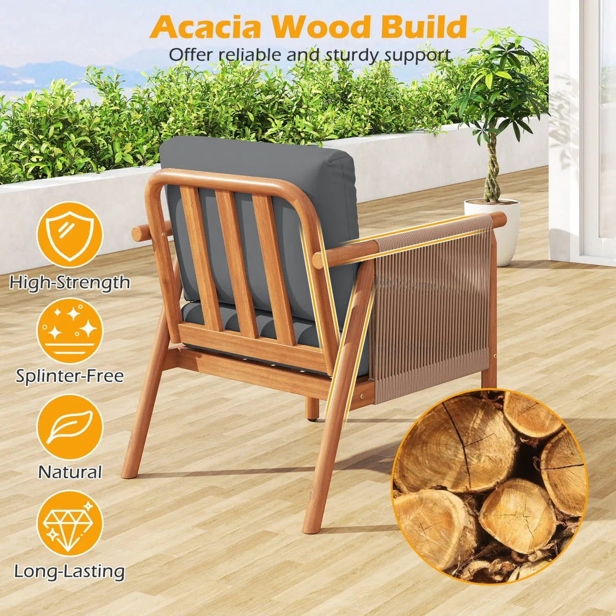 Patio Acacia Wood Chair Set of 2 with Woven Rope Armrests and Seat Back Cushions for Backyard by DirectDeals