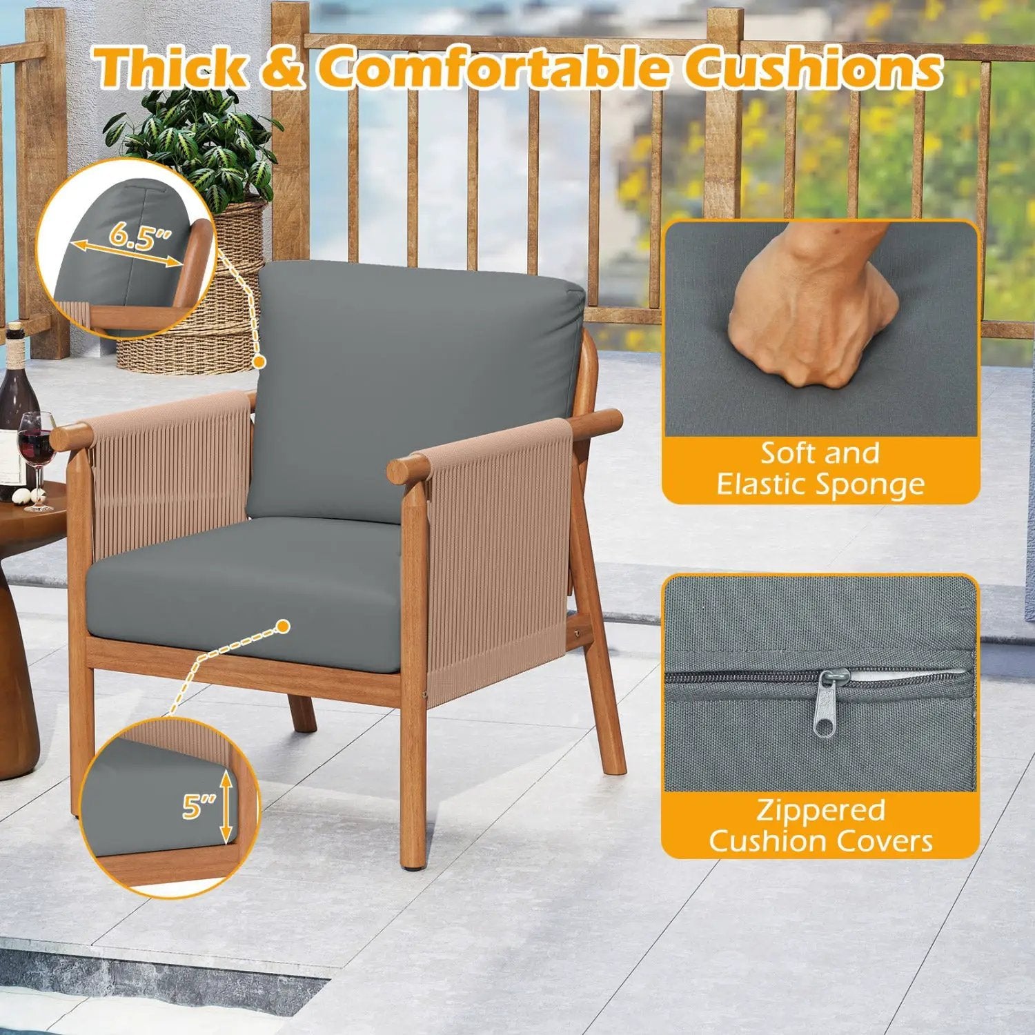Patio Acacia Wood Chair Set of 2 with Woven Rope Armrests and Seat Back Cushions for Backyard by DirectDeals