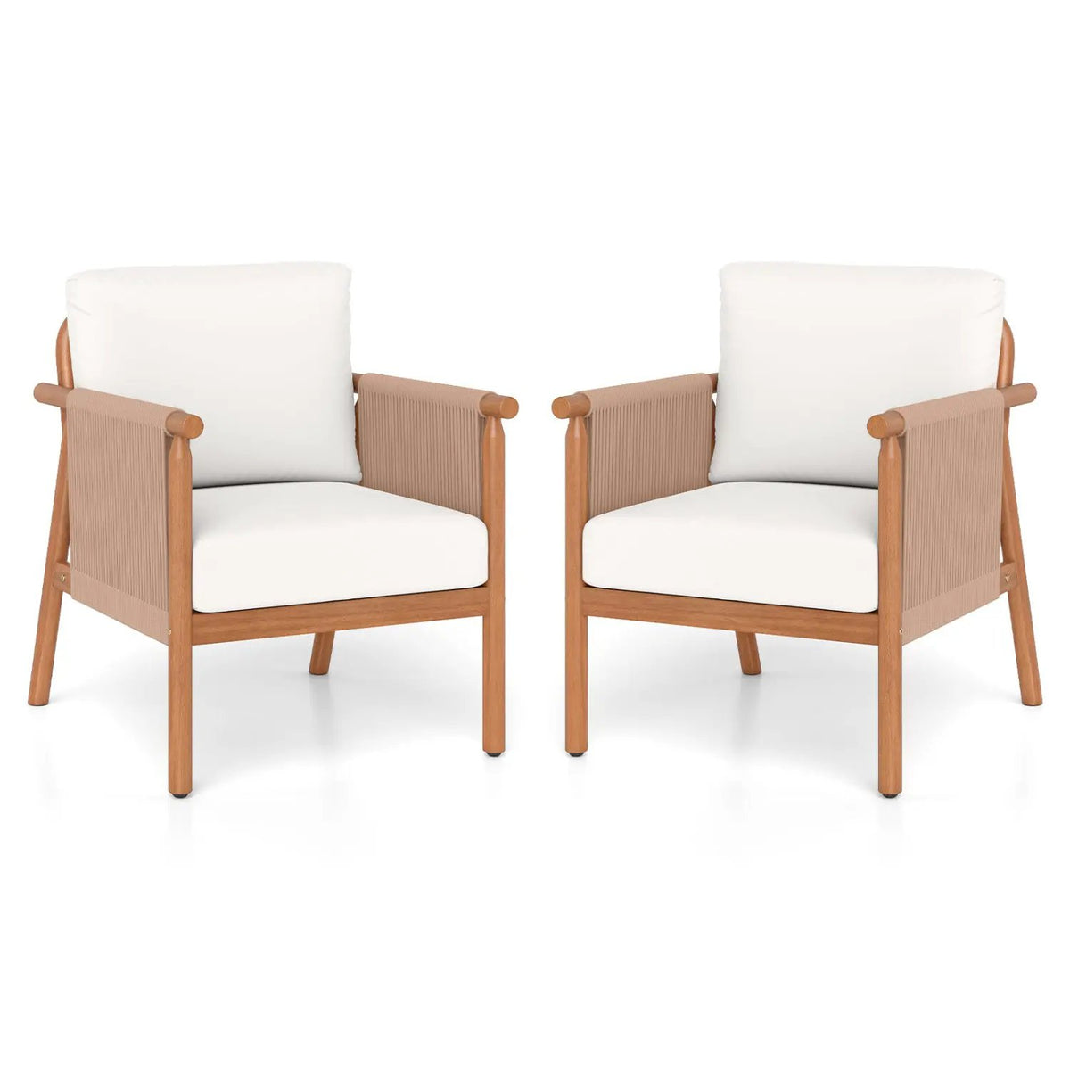 Patio Acacia Wood Chair Set of 2 with Woven Rope Armrests and Seat Back Cushions for Backyard by DirectDeals