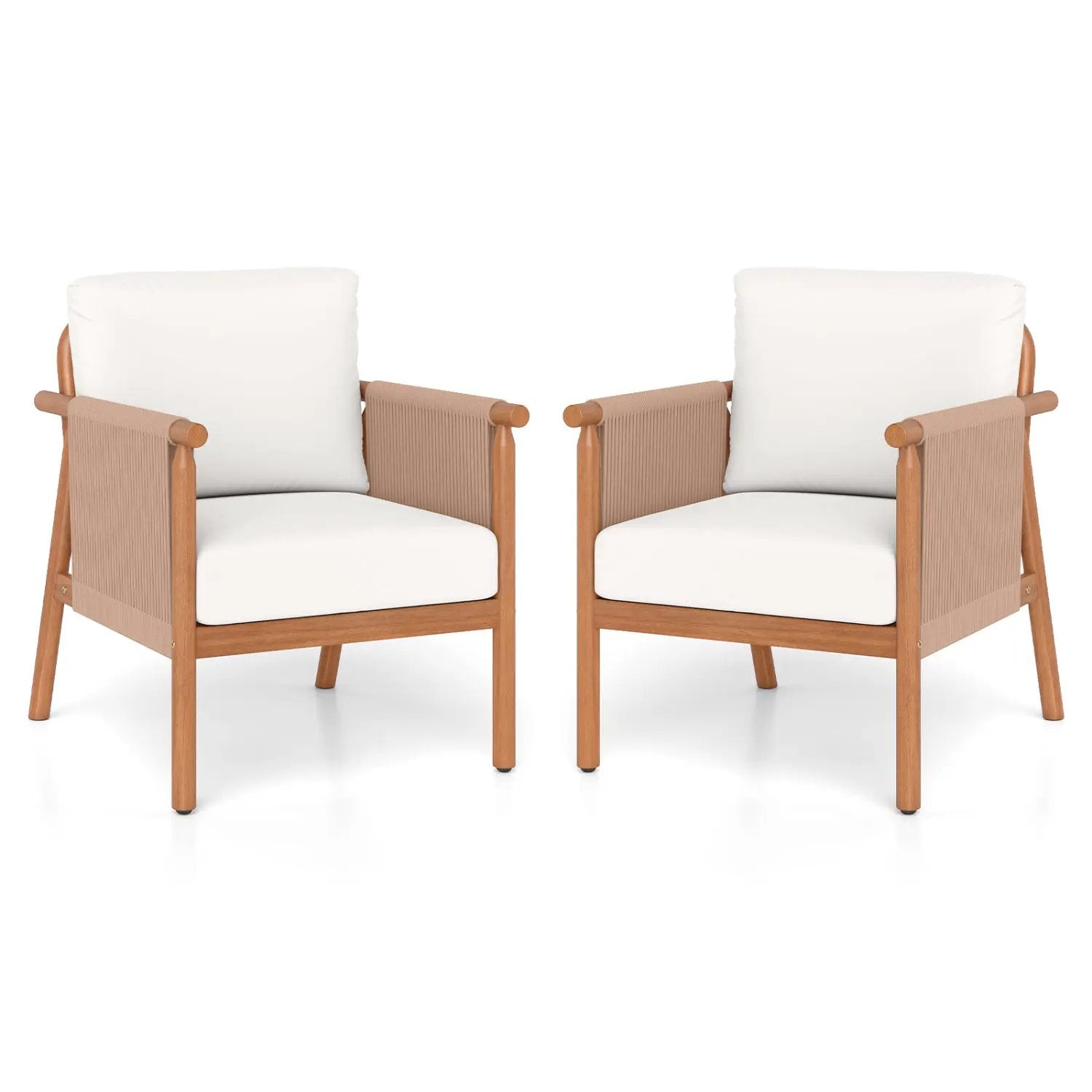 Patio Acacia Wood Chair Set of 2 with Woven Rope Armrests and Seat Back Cushions for Backyard by DirectDeals