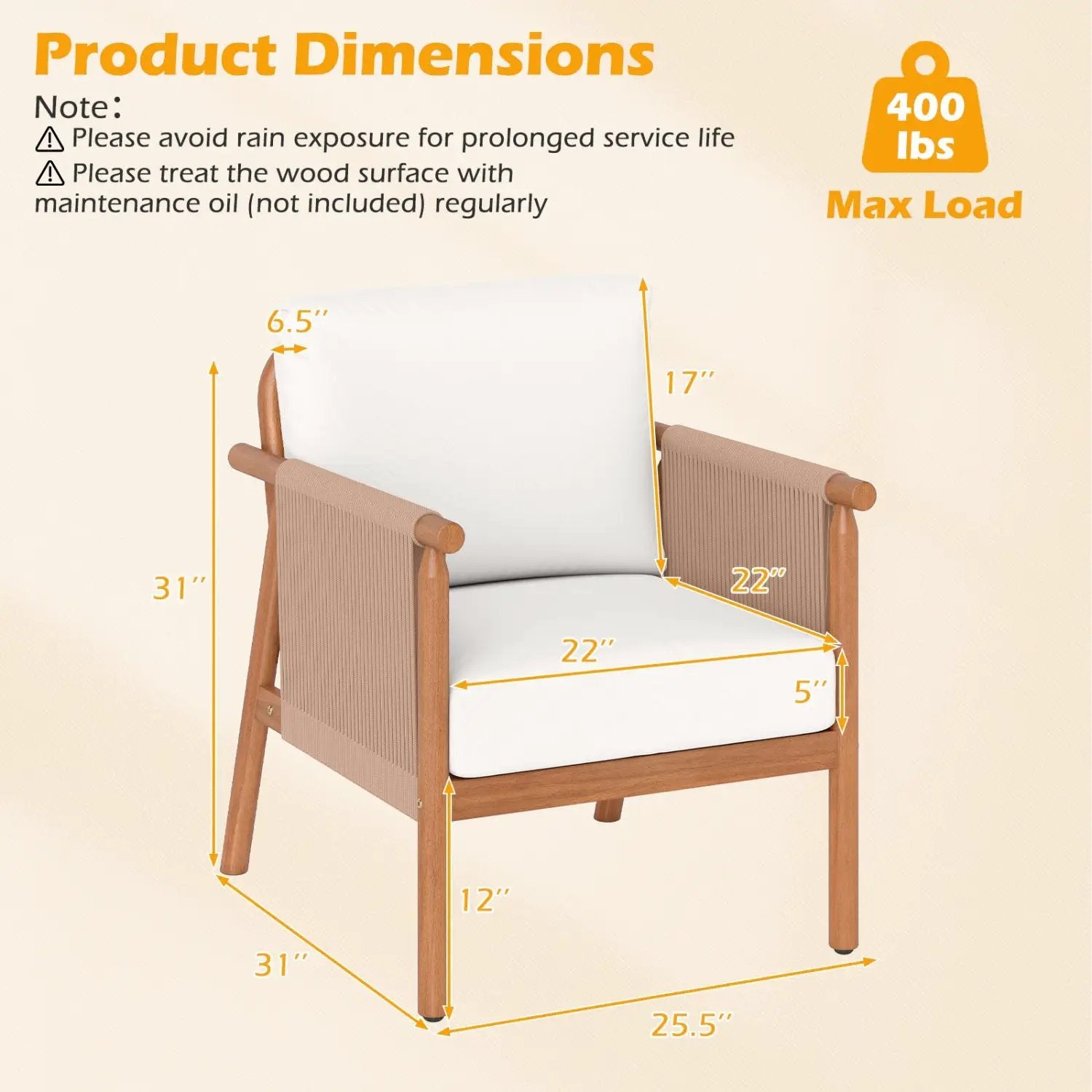 Patio Acacia Wood Chair Set of 2 with Woven Rope Armrests and Seat Back Cushions for Backyard by DirectDeals